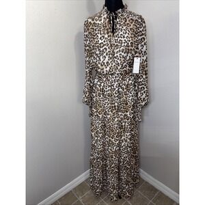 AURA Maxi Dress Women's Small Brown Animal Print Chiffon Flowy Long Cottagecore